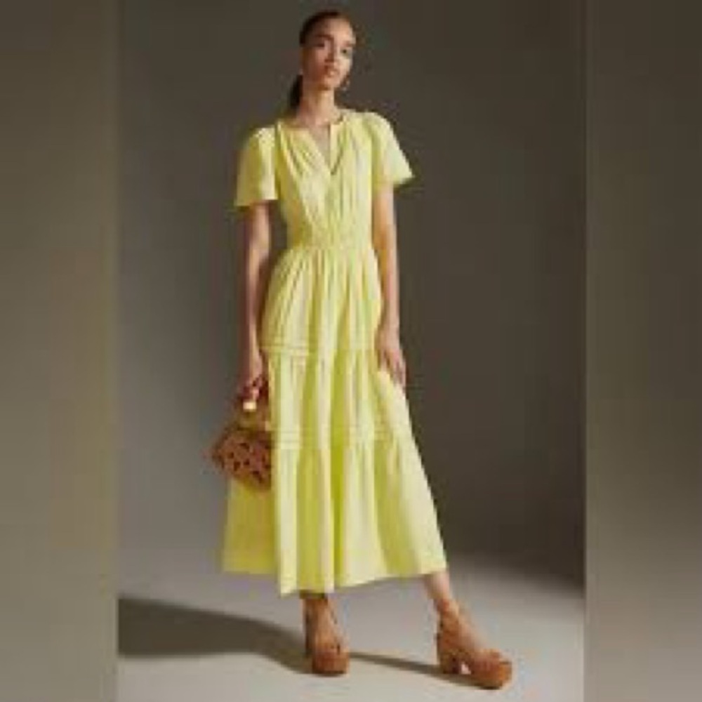 Anthropologie The Somerset Yellow Linen Tiered Maxi Dress